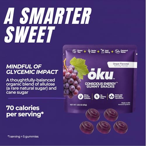 Image of OKU Energy Gummies with Caffeine from Green Tea & Yerba Mate, Clean Energy & Focus, Coconut Water for Hydration, Vegan, Gluten-Free, Grape (8-Pack)
