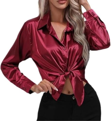Women's Satin Silk Blouse Tops Long Sleeve Button Business Work Shirts Office Dress Tunic Blouses Elegant Clothes (Wine Red,Small)
