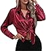 Women's Satin Silk Blouse Tops Long Sleeve Button Business Work Shirts Office Dress Tunic Blouses Elegant Clothes (Wine Red,Small)