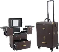 HZYLDQZJY Estojo de maquiagem, carrinho de maquiagem profissional com divisórias ajustáveis, organizador de esmalte, estojo de viagem para joias com 4 rodas e fechaduras, Marrom, Mala de maquiagem com