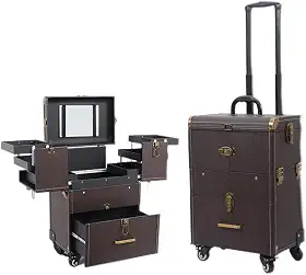 HZYLDQZJY Estojo de maquiagem, carrinho de maquiagem profissional com divisórias ajustáveis, organizador de esmalte, estojo de viagem para joias com 4 rodas e fechaduras, Marrom, Mala de maquiagem com