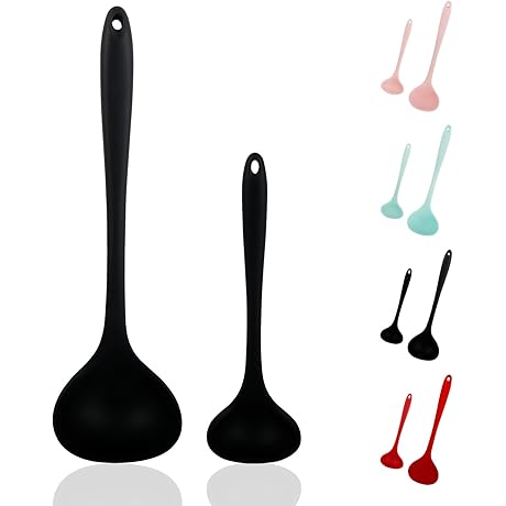 2 Pcs Black Silicone Soup Spoon with 2 Different Sizes - 8.3 and 11.8 Inch