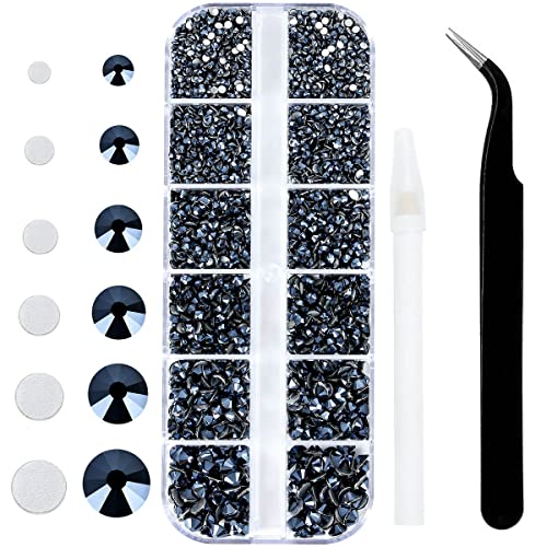 4240Pcs Flatback Black Ab Rhinestones Glass Crystal Gemstones for Nail Art Eye Jewels Sparkly Round with Tweezers and Picking Pen (SS6~SS20 Set)