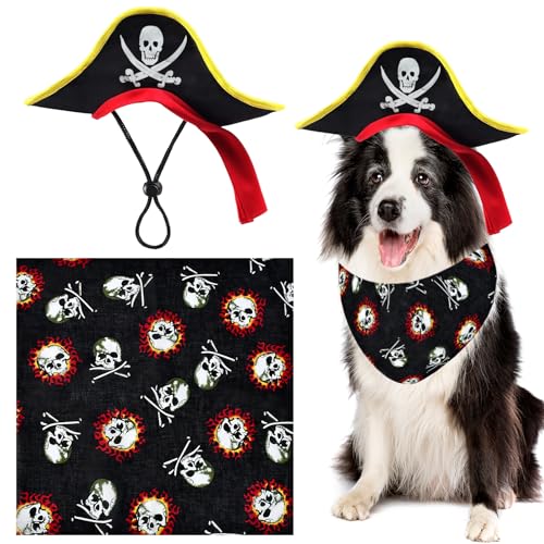 Pirate Dog Costume, Cat Halloween Costumes with Hat and Bandana, Funny Pet Costume for Small Medium Dogs and Cats, Adjustable Cosplay Accessories for Halloween Party