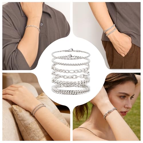 Set de 6 pulseras de acero inoxidable plateadas para hombres miniatura 5