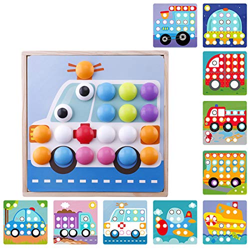 Afunti Button Art Toys for Toddlers, Wooden Matching Mosaic Pegboard, Easy to Storage, Peg Puzzle Educational Toy for 2, 3, 4 Years Old Girls Boys