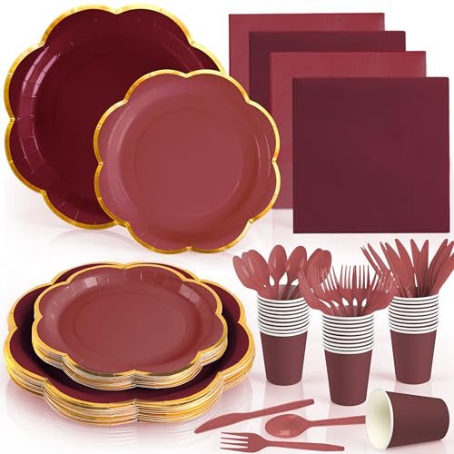168Pcs Burgundy Paper Plates and Napkins Party Supplies Maroon Scalloped Plates with Gold Rim Burgundy Disposable Plates Set for Women Girls Birthday Weddings Bridal Shower Graduation Party Decor