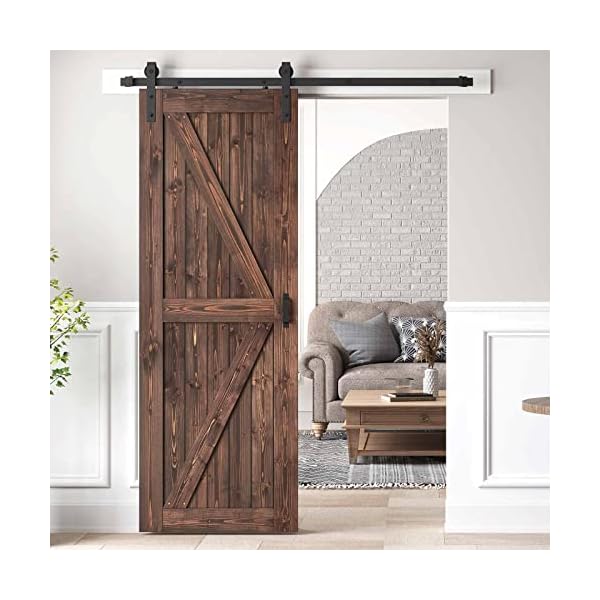 ROYMELO 30x84 in Sliding Barn Wood Door Slab with 5ft Hardware Kit and Handle, Coffee, K Shape, Simple DIY Assembly