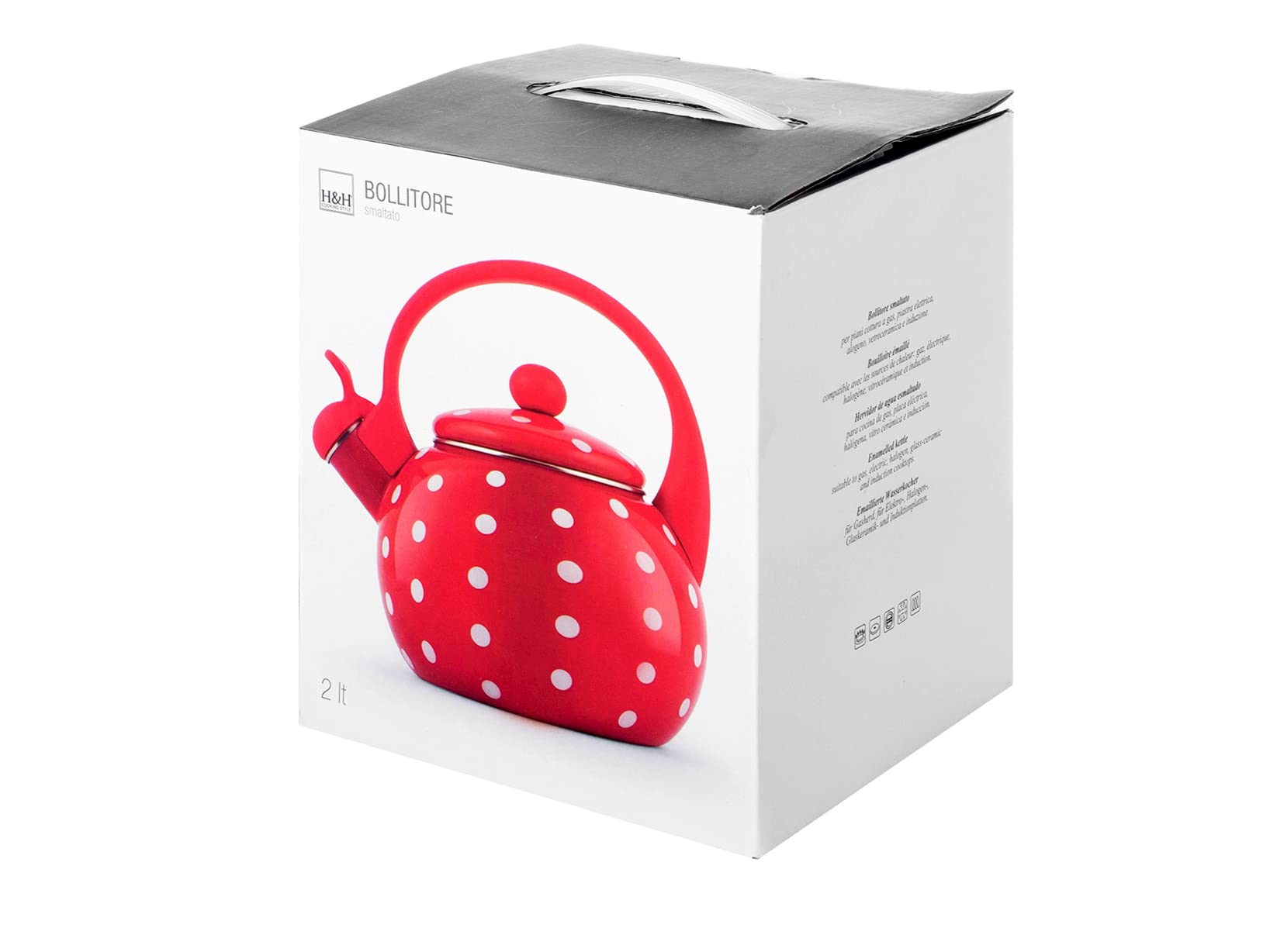 H&H Bollitore Smaltato, Decoro Rosso e Bianco a Pois, Lt 2, adatto all'induzione