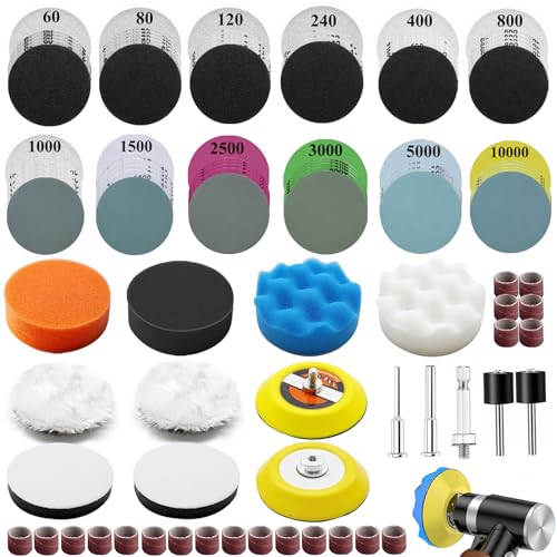 Sunxeke 160PCS 3 Inch Sanding Discs Drill Polishing Kit Wet-Dry 60-10000 Grit Hook-and-Loop Sandpaper Buffing Pads Drill Sanding Attachment for Car Headlight Restoration Metal Wood Resin Polishing