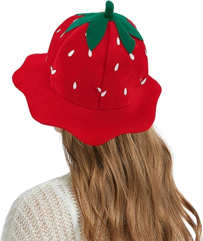 Plush Strawberry Hat Cute Fruit Bucket Cap Novelty Costume Headwear for Halloween Cosplay Birthday Party Photo Prop image 4