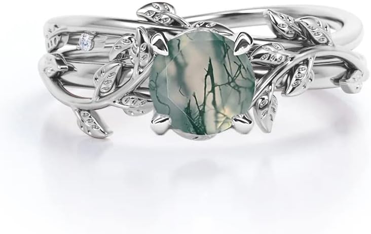 Dorunmo Moss Agate Ring for Women 925 Sterling Silver Green Stone Leaf Wedding Ring Moss Agate Jewelry Gift for Engagement Christmas Birthday