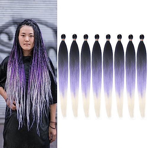 1b-Purple-Silver Pre stretched Braiding Hair 8 Packs Pre feathered Braid Hair Extensions 36 Inches Hair Braids