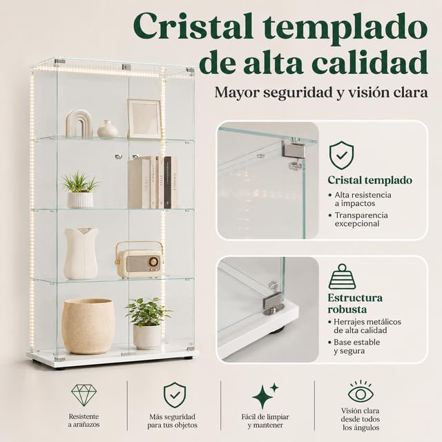 Vitrina de Cristal con LED y Cerradura, Armario Vitrina 78,5 x 35 x 163 cm, Vitrinas de Exposición de 4 Niveles con Estantes Regulables, Mueble Vitrina para Salón, Oficina, Figuras y Libros,Blanco-D