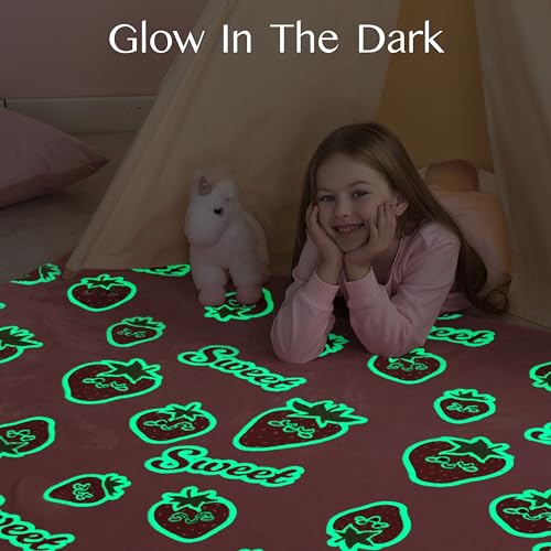 Joiedomi Glow in The Dark Blanket Strawberry Gift for Girls Age 2 3 4 5 6 7 8 9 10 11 12 Year Old Girl Gifts, Soft Cozy Flannel Kids Throw Blanket, Birthday Bedroom Decor 50"×60"
