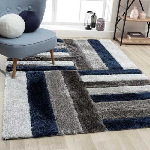 Image of Carpets for Living Room 6 x 9 Feet Soft Smooth Thick Non-Slip Fluffy Shaggy Area Rug for Bedroom, Drawing, Kids Room, Office with Upto 2 Inch Microfiber High Pile (Blue White A)