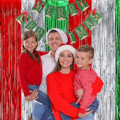 Image of Red Silver Green Party Streamers - GREATRIL Christmas Tinsel Backdrop for Xmas Winter Italian Elf Themed Parties Decorations - 2 Packs