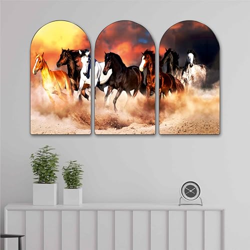 Image of Livin'luxe 7 Running Horses Arch Shape Set of 3 MDF Framed Wall Painting | Vastu Good Luck Wall Art for Living Room, Office & Entrance Decor (20 x 30 Inch) RPNS-35119
