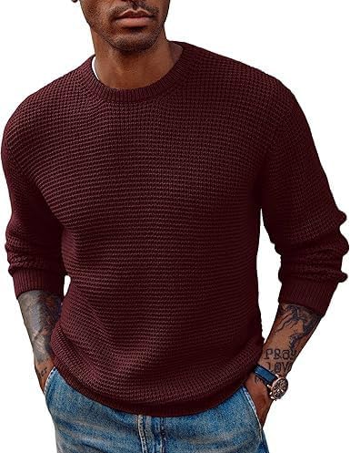 Image of ColorChakra Waffle Knit Mens Sweater Woolen Round Neck Wool Pullover