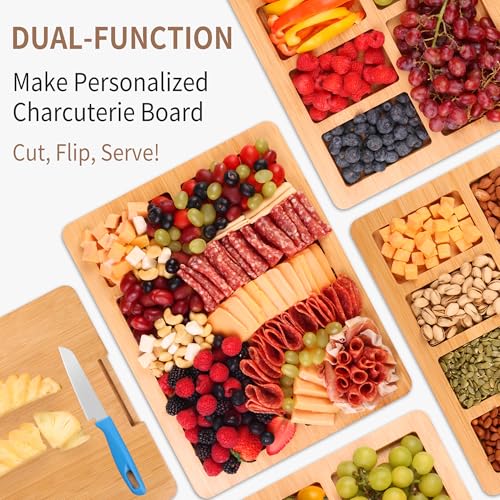 CAWIU Charcuterie Board with Lid and Handle - Portable Travel Design Bamboo Cheese Board Set with 4 Cheese Tools, Gift for Housewarming, Weddings, Picnics (6 Compartments, Black) — view 4