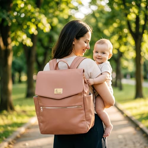 Image of R for Rabbit Caramello Bold Arise Diaper Bag for Mothers, Premium Vegan Leather with Insulated Bottle Pockets, Multi-Compartment Maternity Backpack, Fits 14 inch Laptop, 22 Litre Capacity (Sand Brown)