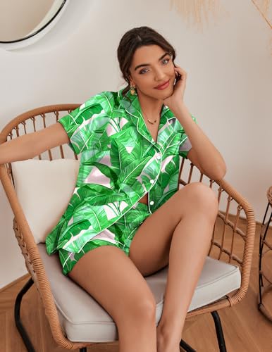Image of Ekouaer Silk Pajamas for Women Short Sleeve Sleepwear Soft Button Down Loungewear 2 Piece Satin Pjs Shorts Set