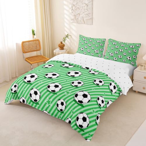 Housse de couette football vert style simple à rayures pour lit double - 3