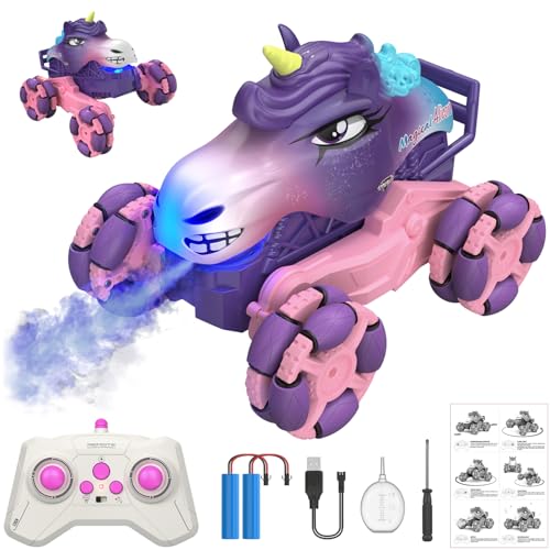 MAGTHIC Remote Control Car 1:18 Pink Unicorn Monster Truck 360° Spin-Dance Light Music with Spray, 2.4 GHz 4WD 120 Min Runtime Off-Road for Indoor & Outdoor Fun Toy Birthday Gifts for Girls Age 6+