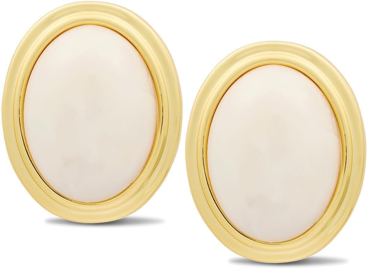 Layered Maeve 18k Gold Plated Clip-On Earrings for Women – Large Oval Natural Cream Opal Statement Studs – Non-Pierced Vintage Style Jewelry