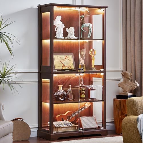 LELELINKY Farmhouse Glass Display Cabinet with Doors Wooden Curio Cabinet for Collectibles with 3-Color LED Motion-Sensor Light & Reinforced Base Walnut