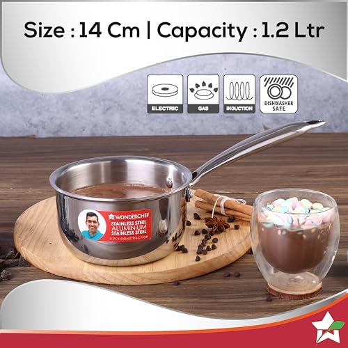 Image of Wonderchef Nigella Tri-Ply 14 cm Sauce Pan | 1.2 Liters | 2.5 mm Thickness | Silver | 10 Years Warranty