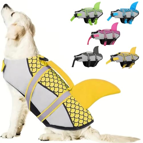 RUYICZB Dog Life Jacket Shark, Ripstop Dog Life Vest for Swimming Boating with High Flotation Ripstop Dog Lifesaver with Rescue Handle Pet Life Preserver for Small Medium Large Dogs,Yellow,L