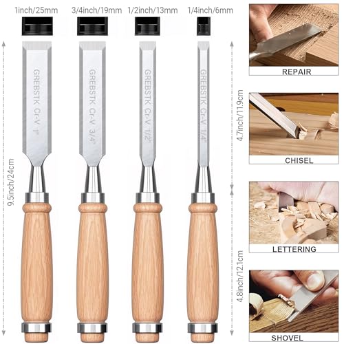 image for GREBSTK 4 Pcs Wood Chisel Set, CRV Steel Bevel Sharp Edge Bench Chisel