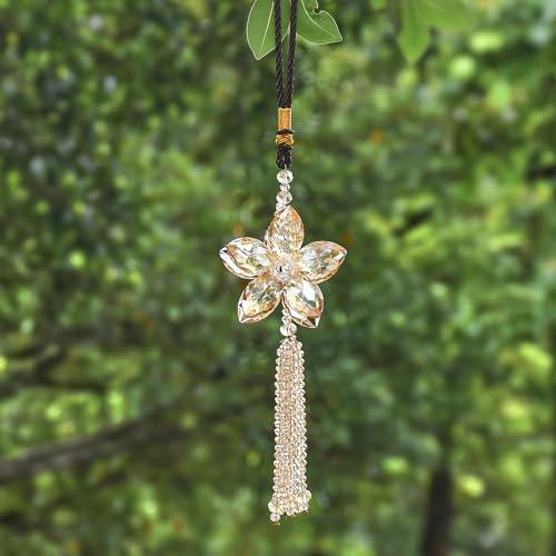 Image of AuMoHall Crystal Flower Rear View Mirror Pendant Car Hanging Ornament Lucky Charm with Dangle Beads, Champagne