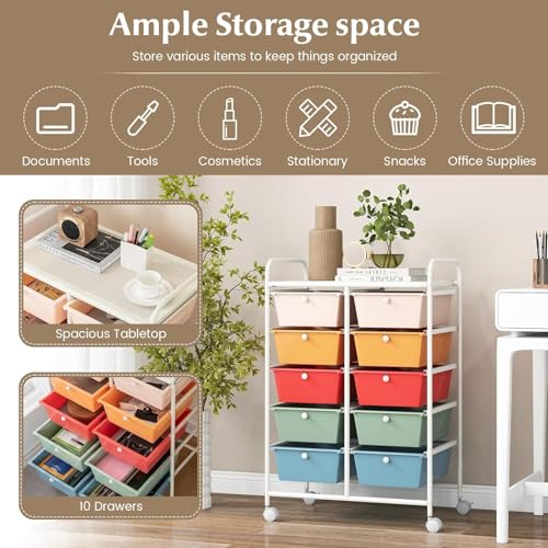 Image of LDAILY 10 Drawer Rolling Cart, Storage Cart Organizer on Wheels, Drawer Cart with Metal Frame & Large Storage Capacity, Rolling Cart with Drawers for Living Room Classroom, Office