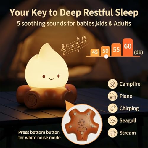 Image of ELEPHANTBOAT Night Light for Kids with 5 White Noise Sounds, Bonfire Decoration Table Lamp, Warm Dimmable Light, 800mAh Rechargeable Bedside Night Light Home Gift Desk Decor, 10.5x6.5cm