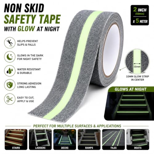 Image of Non Slip Safety Tape with Glow in The Dark, 2 Inch x 16.4 FT Anti Slip Stair Grip Tape, Centre Glow Strip, Heavy Duty Waterproof Non Skid Traction Tape for Stairs, Steps, Ramps & Outdoor Use