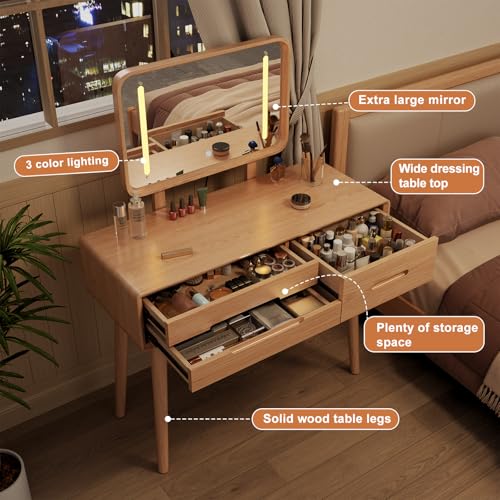 Image of Soild Wood Vanity Table 40 IN with Light Mirror High Adjustable, Make Up Desk Large Dressing Table 3 Lighting Modes, Makeup Vanity 3 Drawer Dresser Vanity Table Wooden for Checkroom Apartment Bedroom