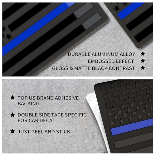 Image of 10 Pairs Embossed 3D Metal Thin Blue Line All Black American Flag Emblem Decal Stickers, Matte Black 5 inch x 3 inch Patriotic USA US Flag Decals for Car, Truck, Motorcycle Honoring Police Law Enforcement