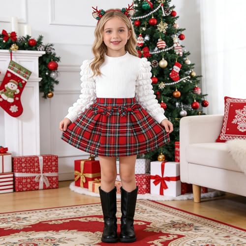 Image of Noubeau Toddler Girls Plaid Outfits Girls Puff Sleeve Knit Ribbed Shirt Tops Plaid Skirt Set Kids Fall Winter Clothes