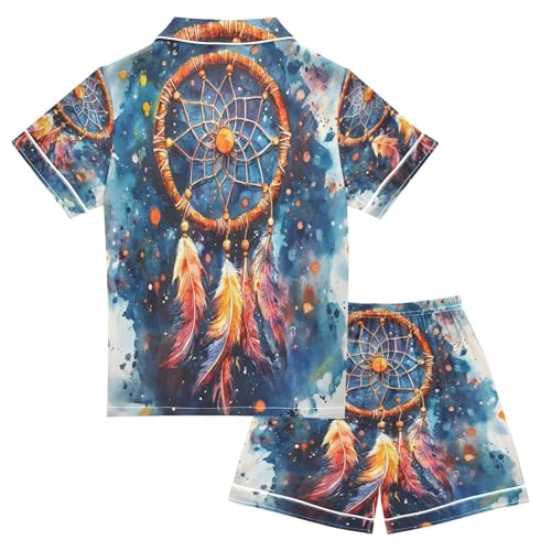 ALAZA Dreamcatcher Watercolor Ethnic Satin Pajamas Set Short Sleeve Button Down Sleepwear Summer Pjs 2 Piece2