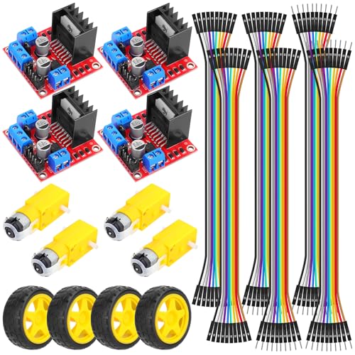 MakerFocus 1 Set L298N Motor Driver Controller Board for Arduino Stepper Motor Kit Dual H-Bridge with 4 Sets DC Motors and Smart Car Wheel Compatible with Arduino Car Motor