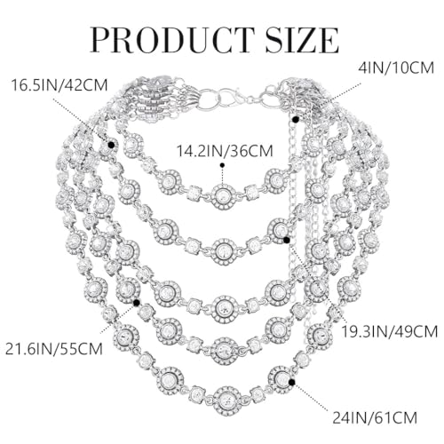 Jeairts 1920s Layered Rhinestone Collar Necklace Silver Sparkly Crystal Bride Wedding Necklaces Jewelry for Women3