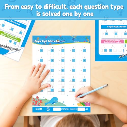 Image of Addition and Subtraction Practice Worksheets Single Digit Math Problem Workbook for Pre-Kindergarten, Kindergarten, and 1st Grade Students for Ages 3-7, 56 Pages Front and Back, 5 Question Types
