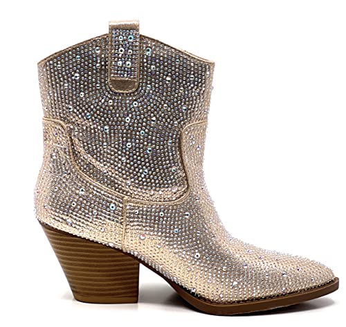 FOREVER Women Rhinestone Block Chunky Heel Ankle Bootie River-01 Champagne 103
