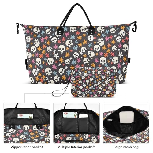 Skulls and Flower Travel Duffle Bag,Large Weekender Travel Bag for Women Men Waterproof Luggage Bag with Trolley Sleeve,Airplane Travel Essentials for Flying2