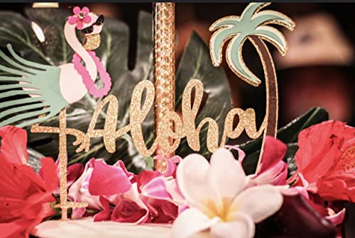 Laventy 2 Pcs Glitter Aloha Cake Topper Flamingo Cake Toppers Flamingo Happy Birthday Cake Decoration Tropical Hawaiian Luau Themed Party Supplies #TOP2
