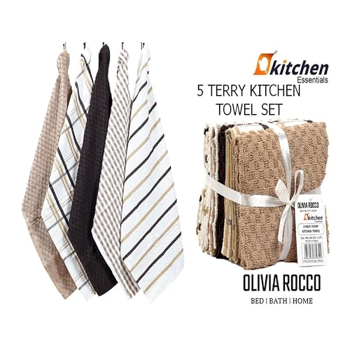Olivia Rocco 5 Pack Terry Kitchen Tea Towels Cotton Super Absorbent Quick Drying Soft Towel Cloth, Natural - Image 3
