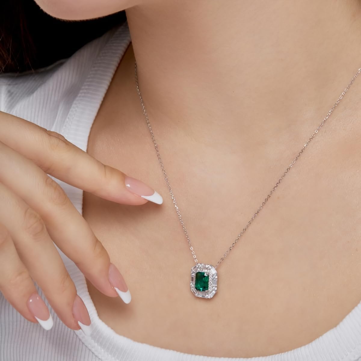 Emerald Necklaces for Women 18K White Gold Plated Silver Baguette Halo Green Emerald Pendant Necklaces, May Birthstone 18+2" - Image 2