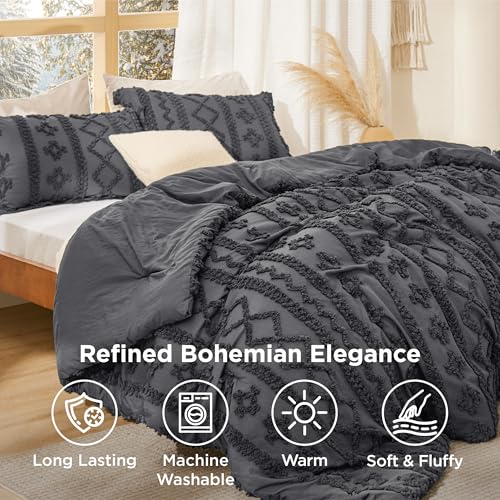 Image of Bedsure Tufted Boho Comforter Set King Size - Dark Grey Boho Bed Set, GentleSoft 3 Pieces Farmhouse-Style Embroidery Bedding, Gifts for Woman, Soft Jacquard Kids' King Comforter for All Seasons